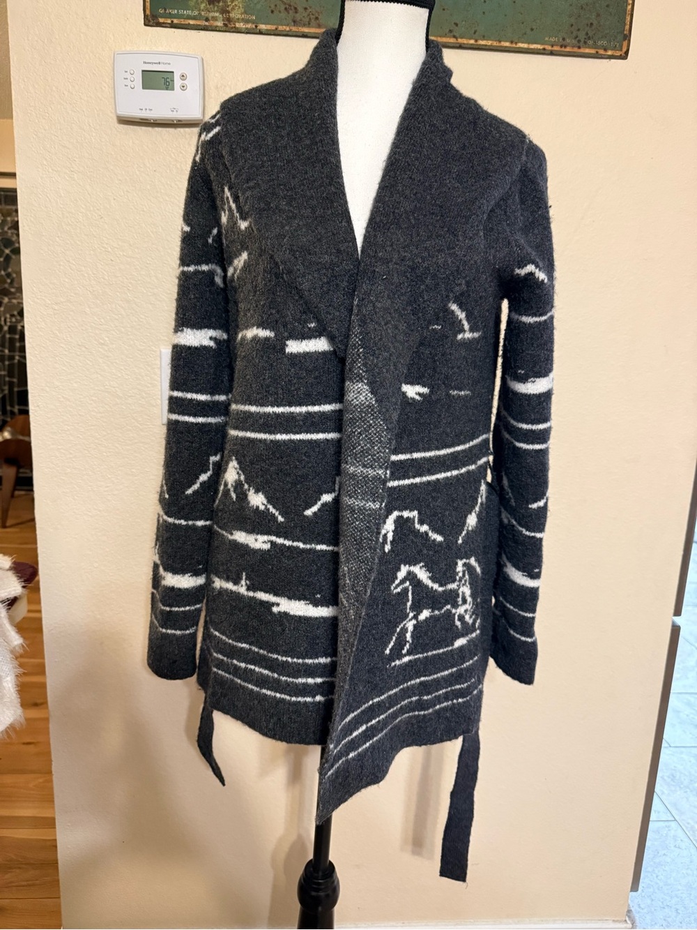 Telluride Clothing Company Intarsia Open Front Cardigan Duster Sweater Horses XS